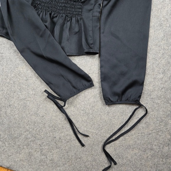 Abercrombie & Fitch Peplum Top Womens Small Black Satin Button Front Tie Cuff - Picture 5 of 9